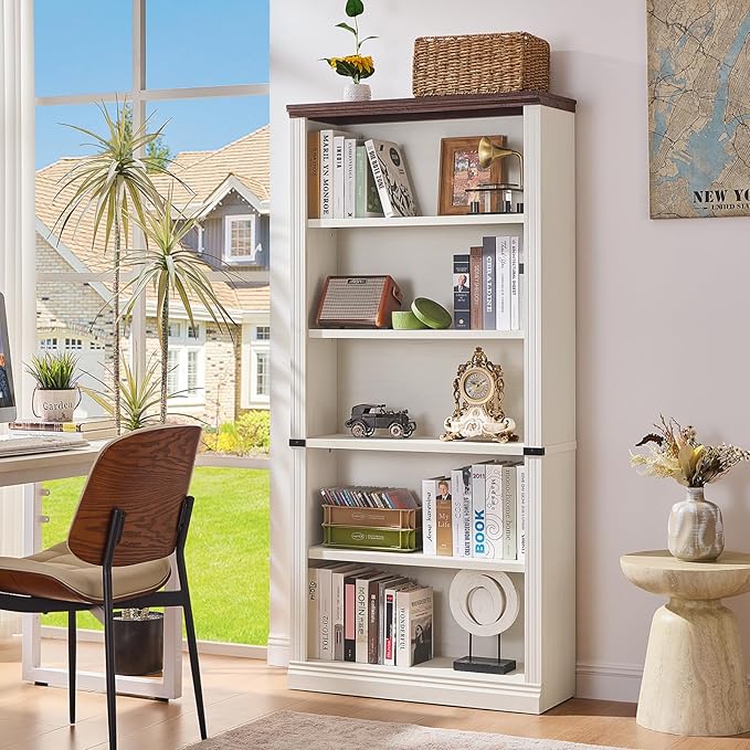 RWYHG 70" White Tall Bookshelf Set of 4,5-Tier Thick Wooden Book Shelf with Adjustable Shelves,Free Standing Farmhouse Bookcase with Open Display Storage,Floor Vintage Bookshelves for Living Room