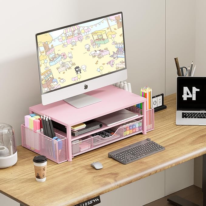 OPNICE Desk Organizers and Accessories, 2-Tier Computer Monitor Stand Riser with Drawer and 2 Pen Holders, Laptop Stand, Office Desk Accessories & Office Decor for Women, Pink