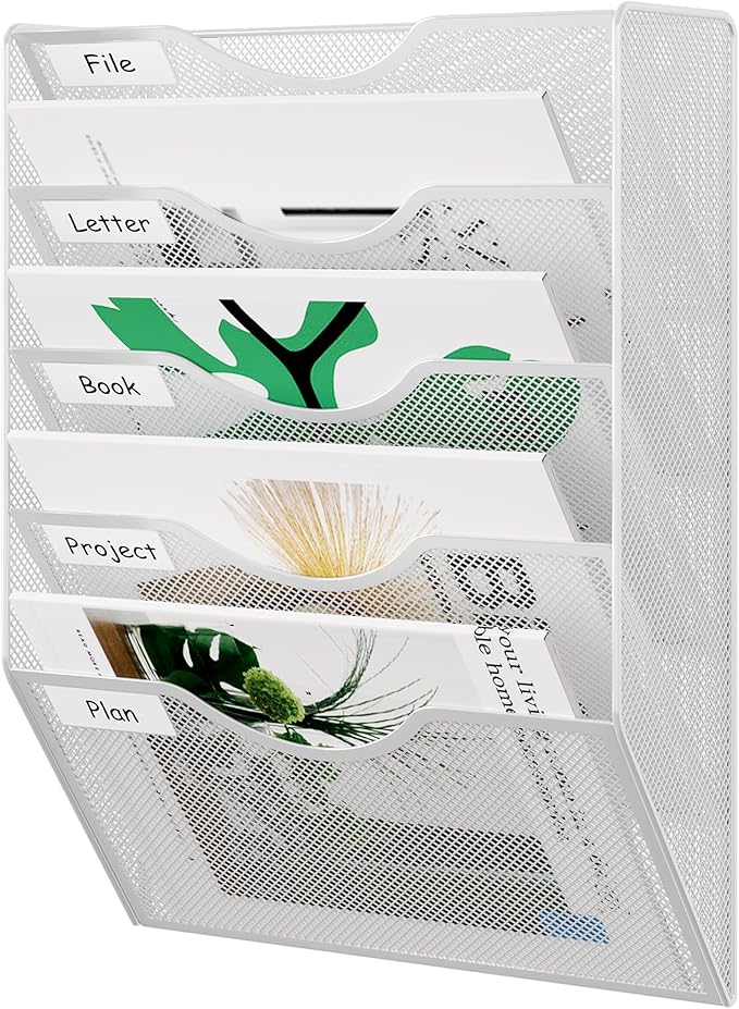 EasyPAG 5 Pocket Mesh Wall File Organizer, Hanging Paper Folder Holder with Classify Label, Vertical Wall Mount Mail Organizer for Office Home Classroom, White