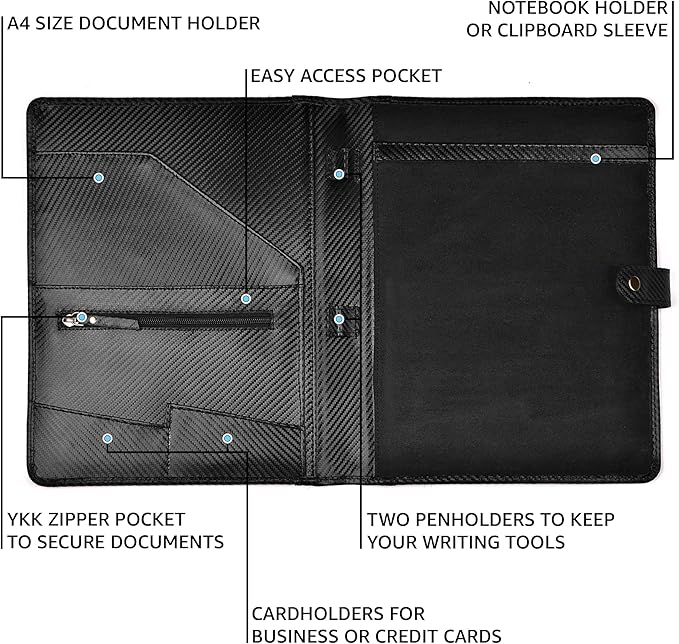 LEATHER VILLAGE Portfolio Professional Organizer – Carbon Fiber Genuine Leather Padfolio Resume Folder for A4 Letter Pad with Pen Holder, Business Card Slots – Ideal for Men & Women - Black