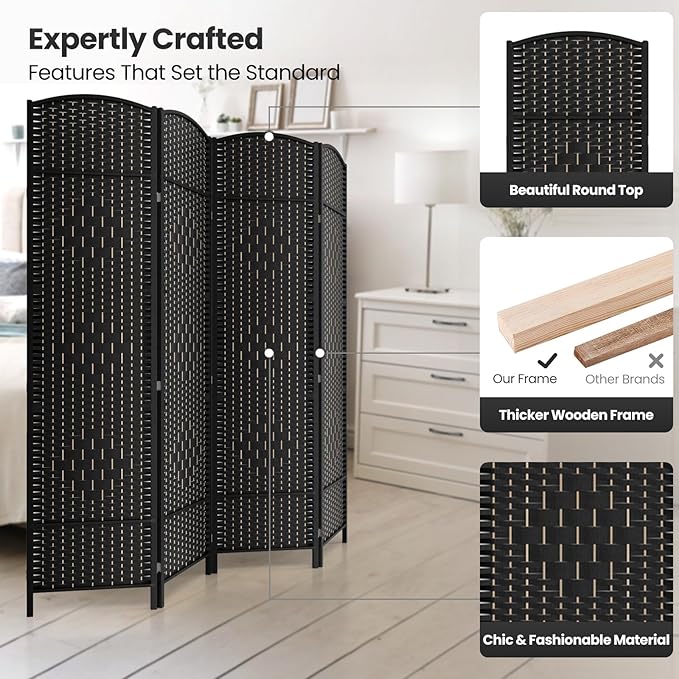 Cocosica 4 Panel Room Divider,6Ft Folding Privacy Screen,Tall - Extra Wide Foldable Panel Partition Wall Divider with Diamond Double-Weaved Hand-Woven Design Room Screen Divider（Black）