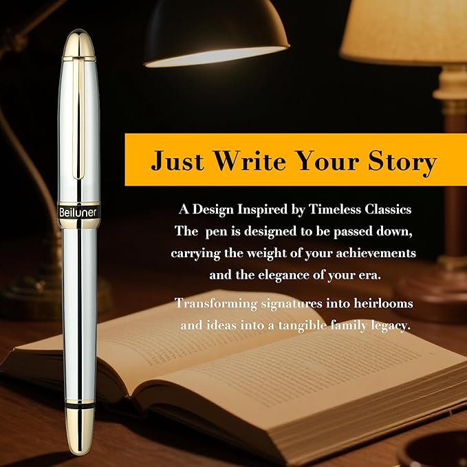BEILUNER 315 Silver Chrome Fountain Pen,Stunning Luxury Pens with 24K Gold Accents, Gorgeous 24K Gilded Nib(Medium), Ink Converter,Fancy Pen Gift for Men&Women-Elegant, Office, Reliable, Nice Design