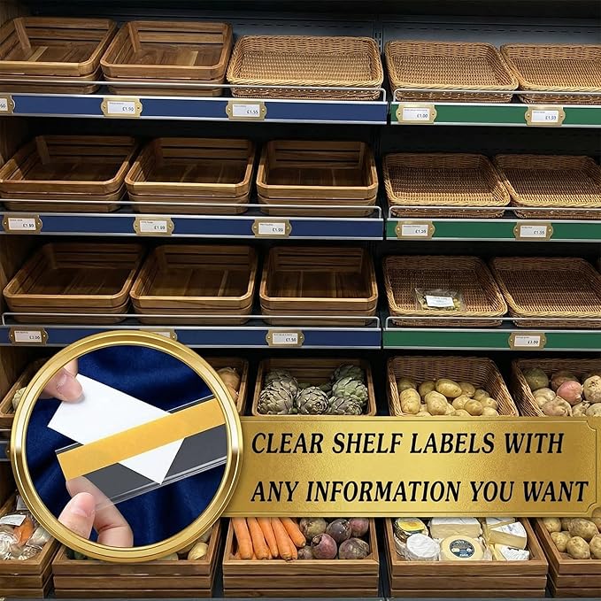 Fainne 25 Pcs Shelf Label Strips 1.5''H x 48 L Self Adhesive Shelf Label Holder Gondola Price Tag Stick on Plastic Clear Ticket Channel for Metal Wood Plastic Rack