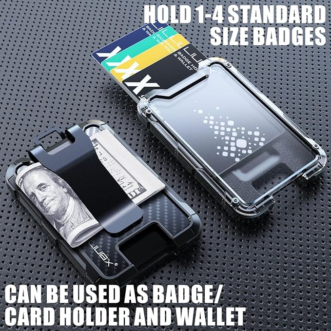 LIUGX Carbon Fiber Badge Holder, ID Card Holder with Metal Clip - Heavy Duty Portable Wallet (Holds 1to 4 Cards),for Office Police Worker Outdoor,Hot Pink