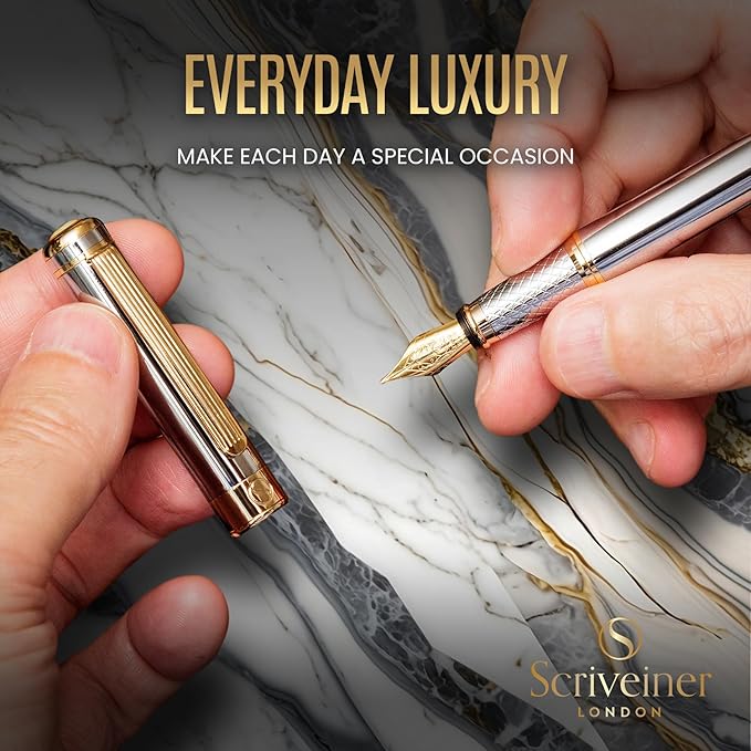 Scriveiner Silver Chrome Fountain Pen - Stunning Luxury Pen, Real Gold Finish, Schmidt Gilded Nib (Broad), Best Gift Set for Men & Women, Professional, Executive Office, Nice Designer Pens