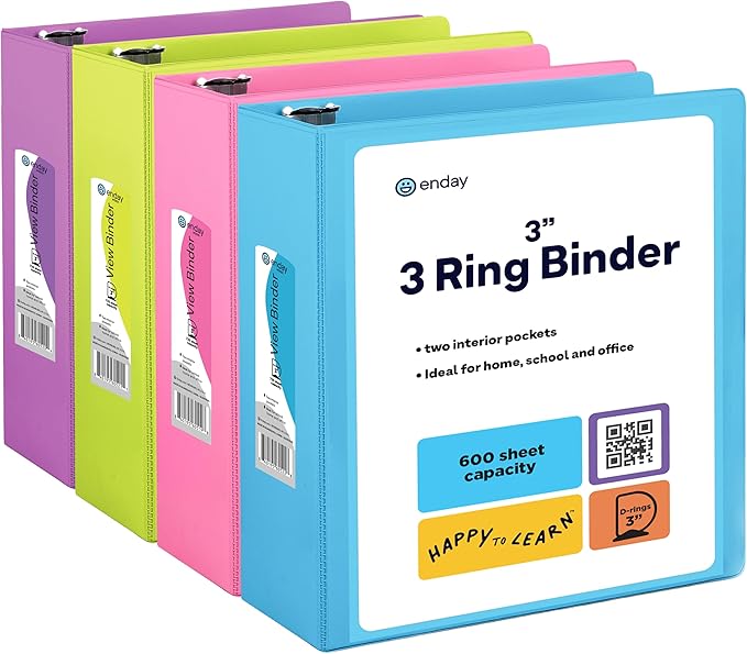 3 Inch Binder 3 Ring Binders, Slant D-Ring 3” Clear View Cover with 2 Inside Pockets, Heavy Duty Colored School Supplies Office and Home Binders Pink, Blue, Purple, Green (4 Pack) – by Enday