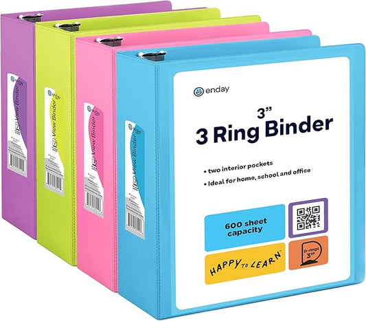 3 Inch Binder 3 Ring Binders, Slant D-Ring 3” Clear View Cover with 2 Inside Pockets, Heavy Duty Colored School Supplies Office and Home Binders Pink, Blue, Purple, Green (4 Pack) – by Enday