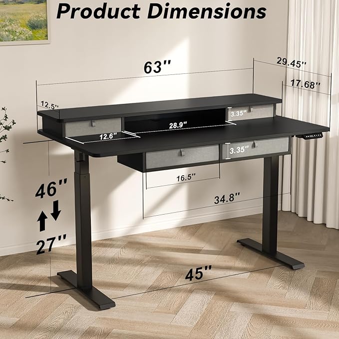 FiCiHi Adjustable Height Standing Desk with 4 Drawers,63 x 30 inches Electric Sit Stand Home Office Desk with Two Tiers, 3 Memory Presets, Monitor Stand Riser, USB A/C Charging Port