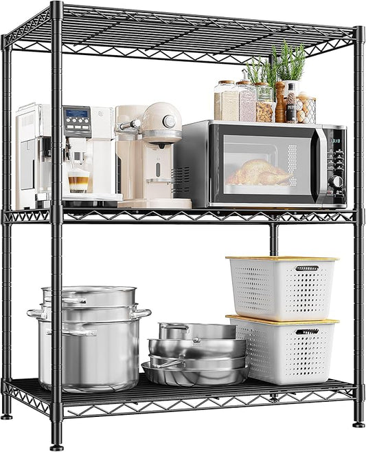 3 Tier Storage Shelves Metal Shelving Unit,Adjustable Wire Rack Pantry Kitchen Shelves,Small Shelf Wire Shelving for Laundry Office Bedroom Dorm Bathroom Closet 24" W x 30" H x 14" D Black Shelves
