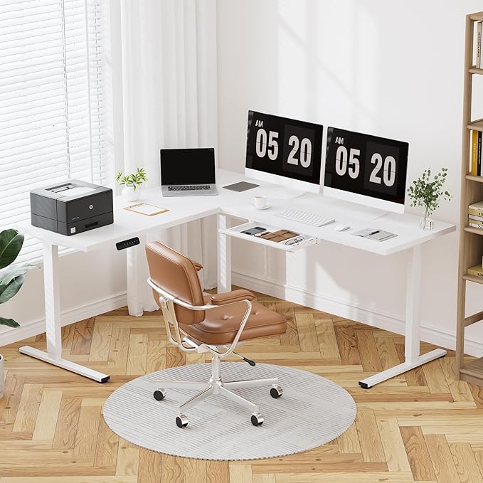 FLEXISPOT L Shaped Standing Desk, 71 x 63 Inch Electric Height Adjustable Corner Desk, Sit Stand Computer Workstation, Preset Controller, Home Office, White Frame with White Top, White Drawer