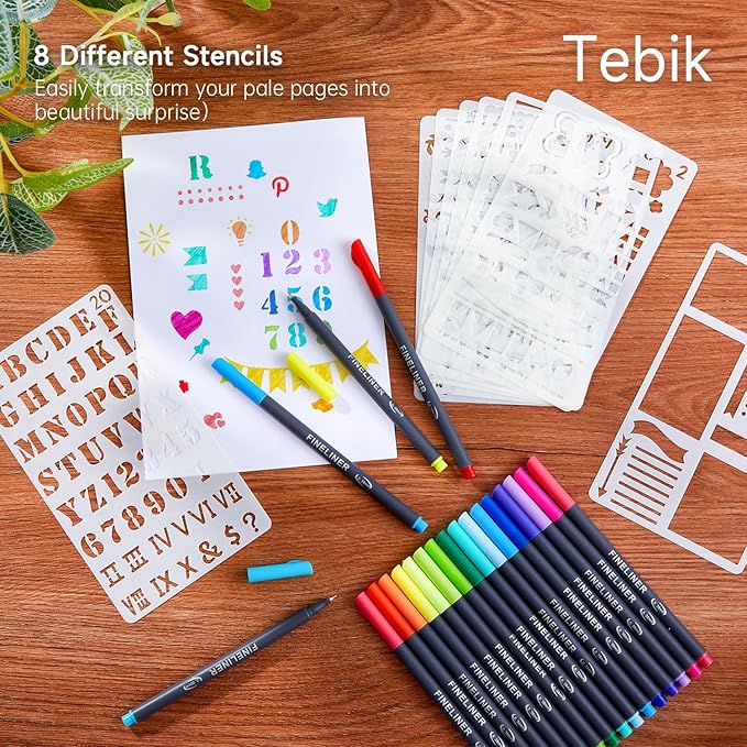 Tebik 108 Pack Planner Colored Pens, 100 Assorted Colors Drawing Pens with 8 Different Stencils, Perfect for Dotted Journal Planner Writing Note Calendar Coloring Office School Supplies