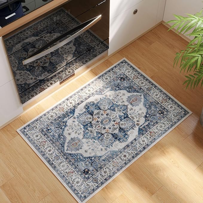 Rugcomf Vintage Medallion Rugs for Entryway 2'x3' - Door Mat Indoor Entrance, Machine Washable Area Rug, Non-Slip Low Pile Boho Carpet for Kitchen, Front Door, Bedroom, Kids Room - Blue