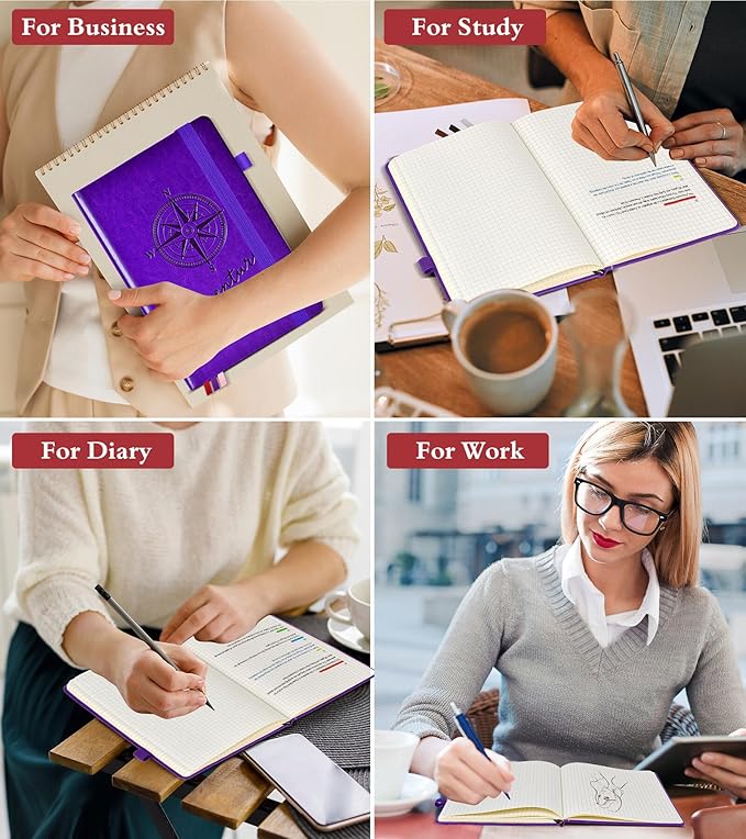 PAIBAS Graph Notebook for Women Men, 160 Pages Grid Paper, Graphing Notebooks for School, Work, Quad Ruled, Inner Pocket, A5 Hardcover Vintage Leather Journals for Writing, 5.8"x8.5" (Purple)