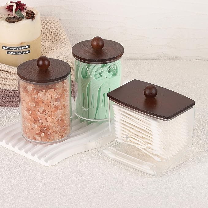 Tbestmax Qtips Holder Dispenser, 10 Cotton Ball/Swabs Storage Containers, Apothecary Jars for Bathroom Organizer Bambooo Lids
