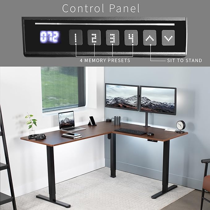 VIVO Electric Corner 63 x 55 inch L-Shaped Standing Desk, Memory Height Adjustment, Dark Walnut Top Black Frame, DESK-E3CTD