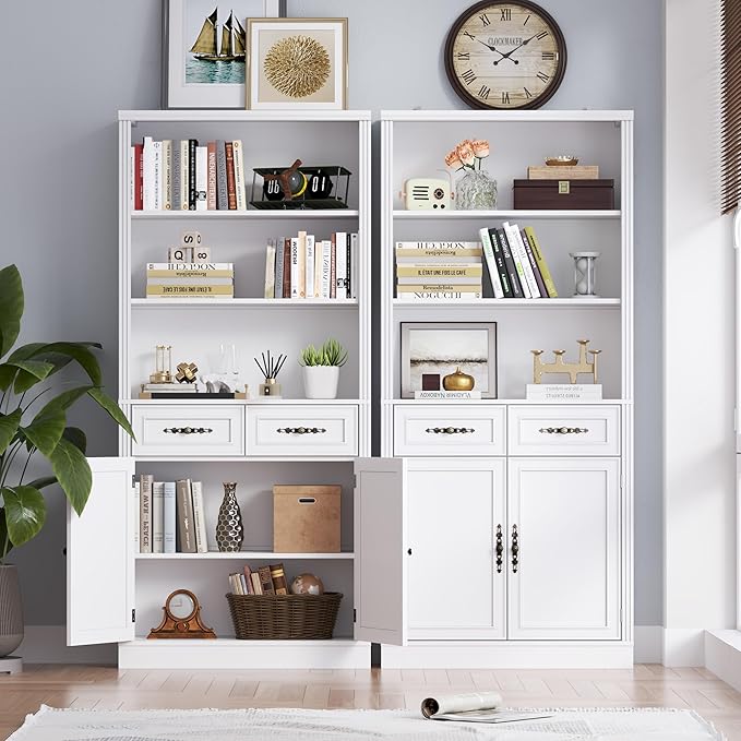 BORNOON 71.4" Tall Bookshelf with Drawers & Cabinet, 5-Tier Floor Standing Bookcase with Storage Doors, Adjustable Shelves & Metal Handles, 31.5" Wide Organizer for Home Office, Living Room
