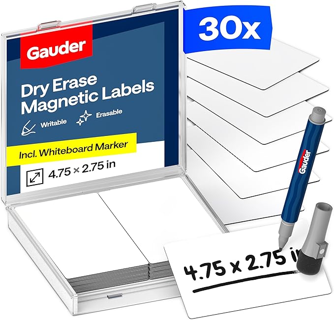 GAUDER Magnetic Labels Writable - Reusable Magnet Tags for Whiteboard, Chalkboard, Kanban Board and Refrigerator - Magnet Cards with Marker (30 Pack - 4.7 x 2.75 Inches)