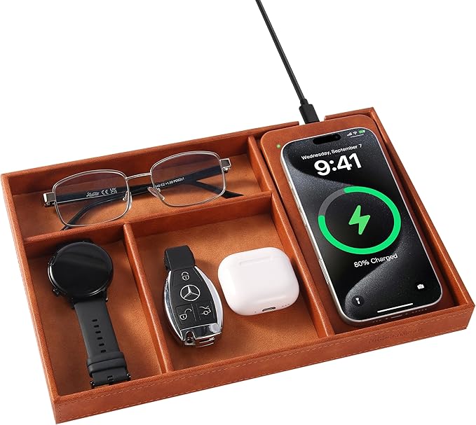Valet Tray, Built in Wireless Charging Pad, Nightstand Organizer, Two-Toned Premium Vegan Leather Desk Bedside Caddy Organizer Tray for Keys, Watch, Wallet,Jewelry (Brown Patchwork)