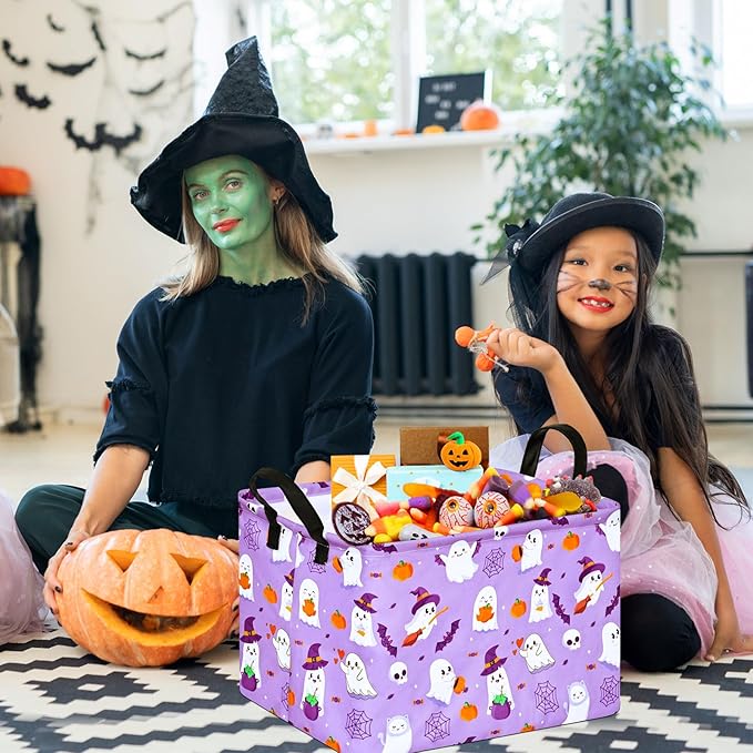 FUULOXE Halloween Empty Storage Basket with Handles Open Gifts&Candy Spooky Basket stuffers for Kids Baby Collapsible Women Organizer Bins Toys Boxes for Shelves Home Office