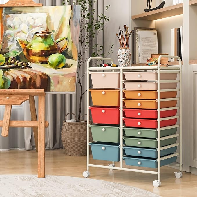 DORTALA 15-Drawer Rolling Storage Cart with Drawers, Rolling Utility Cart w/Removable Drawers & Universal Wheels, Tools Scrapbook Paper Organizer for School, Office, Home, Classroom (Macaroon Color)