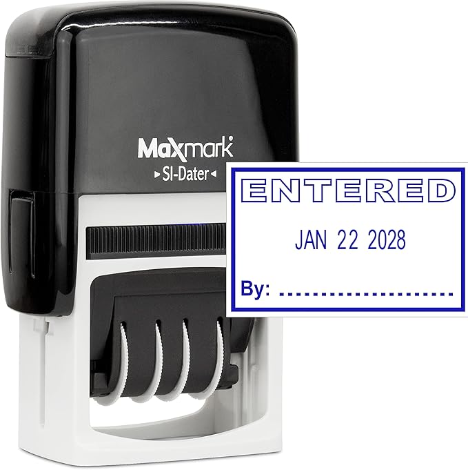 MaxMark Office Self Inking Date Stamp with Phrase Entered - Blue Ink