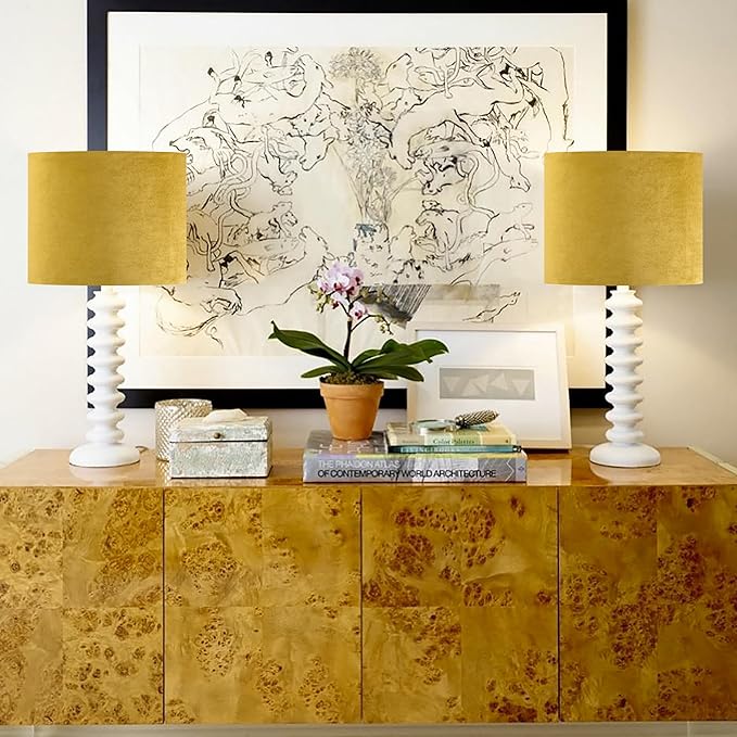 Yellow Velvet Drum Lamp Shade Medium Lampshade 13``Top×13``Bottom×10``High(Spider) Modern Lamp Shade for Table & Bedside Lamp Replacement Lampshades in Hand Crafted - By GO&SO