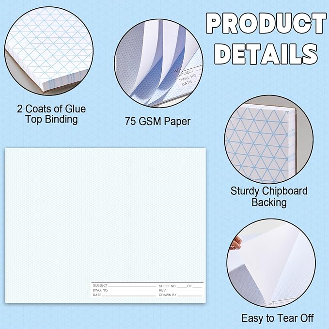 2 Pack 50 Sheets 22" x 17" Isometric Graph Paper Pad Landscape for 3D Designs Architecture Landscaping Engineering Drafting