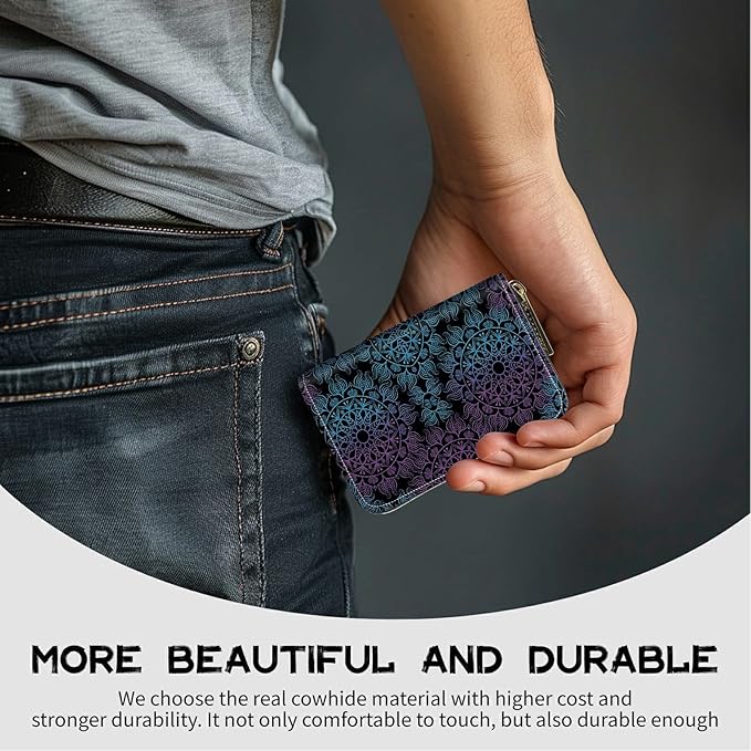 BWEGRHE Cute Credit Card Holder with Zipper, Purple Blue Mandala RFID-Blocking Card Case Small Wallet for Women Men, Multi-slot Card Organizer Case Travel Accordion Wallet