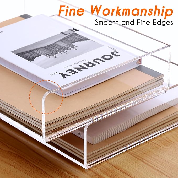HeZone Paper Organizer, 2 Tier Stackable A4 Size Acrylic Letter Tray, Office/Home/School Organization - Clear
