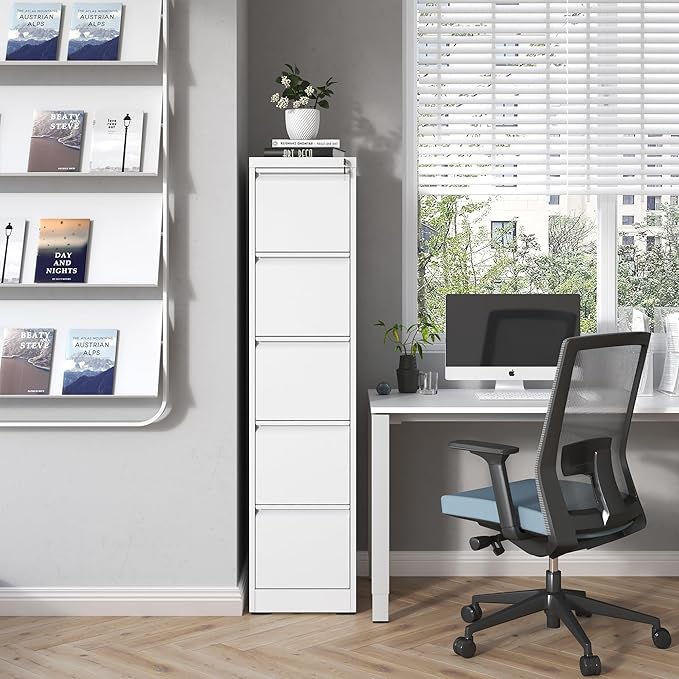 FLIXELIO 5 Drawer File Cabinet with Lock,Metal Vertical Filing Cabinets for Home Office,Heavy Duty File Storage Cabinet for Letter/Legal/A4/F4 Size File,Assembly Require (White, Vertical 5 Drawer)