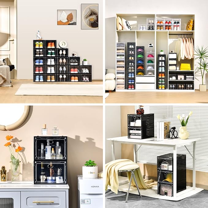 Amllas 12 Pack Shoe Boxes Stackable,Upgraded Sturdy Shoe Storage Boxes with Clear Magnetic Door,Multifunctional Sneaker Storage, Shoe Box Organizer Fit up to US Size 12 Gray(13.8”x 9.84”x 7.1”)