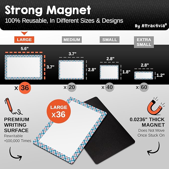 Attractivia Dry Erase Magnetic Labels 5.6 x 3.7 in, Pattern Borders, Large Dry Erase Magnets, 36-Pack, Erasable Write-On All-Purpose Labels, for Office, Education, Home, Whiteboard