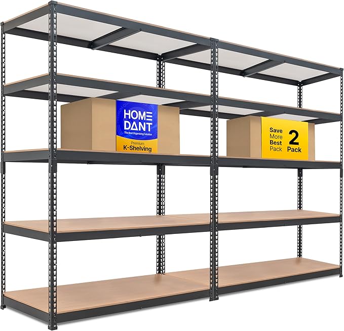 HOMEDANT 5 Tier Storage Shelves Adjustable Laminated Boltless Garage Metal Shelving Unit Heavy Duty Utility Rack Shelf Warehouse Pantry Closet Kitchen (2, (XL Deep) 48.1" W, Black)