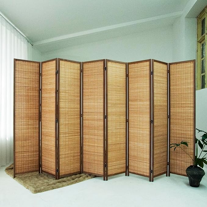 Loomveil 8 Panel Room Divider Folding Privacy Screen,67 inch Bamboo Panel Divider for Home Partition,Brown