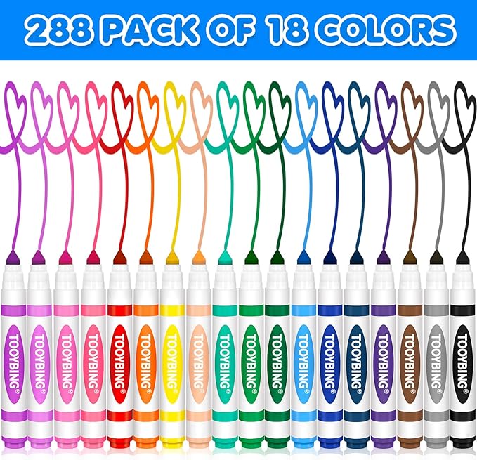 TooyBing Washable Markers Bulk (288 Count), 18 Assorted Colors, Washable Markers for Kids Classroom School, Broad Tip Durable for Back to Classroom Art School Supplies Essentials