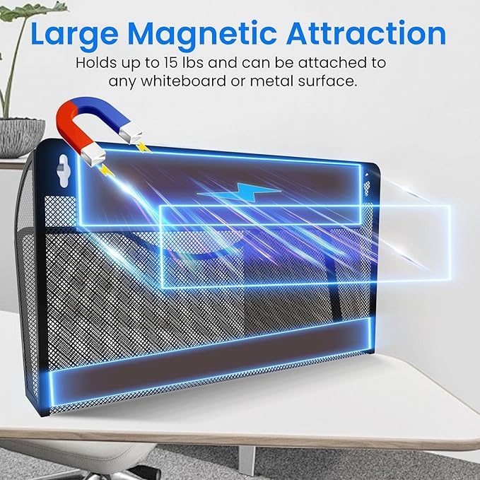 KZWKRG 6 Pack Magnetic File Holder, Magnetic Pocket Wall File Holder, Mesh Wall Paper Organizer, Vertical Mail Basket, Storage Organization Magazine Rack for Office, Home and School