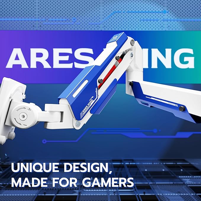 ARES WING Heavy Duty Single Monitor Arm - Gas Spring Aluminum Monitor Mount for 24"-57" Ultrawide Screens up to 66 lbs with Clamp/Grommet Desk Mount, 75/100/200 Vesa Mount, White