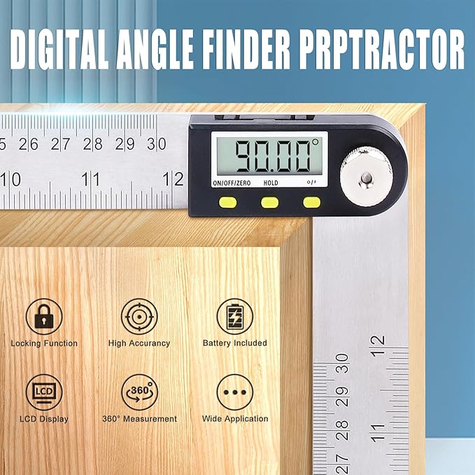 Delgada 12 inch/300mm Digital Angle Finder Tool Stainless Steel Digital Protractor Angle Ruler Finder Tool for Woodworking with Zeroing and Locking Function Battery