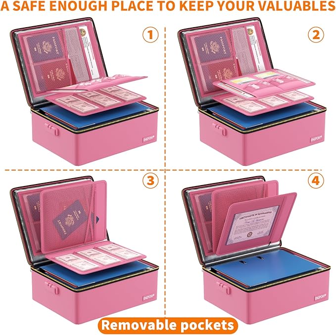 ENGPOW Fireproof Document Box, Hard Case File Box with Fireproof Zipper＆Lock, 6400°F Heat Insulated Fire and Water Resistant File Organizer Storage Safe for Important Documents Laptop Cash, Pink