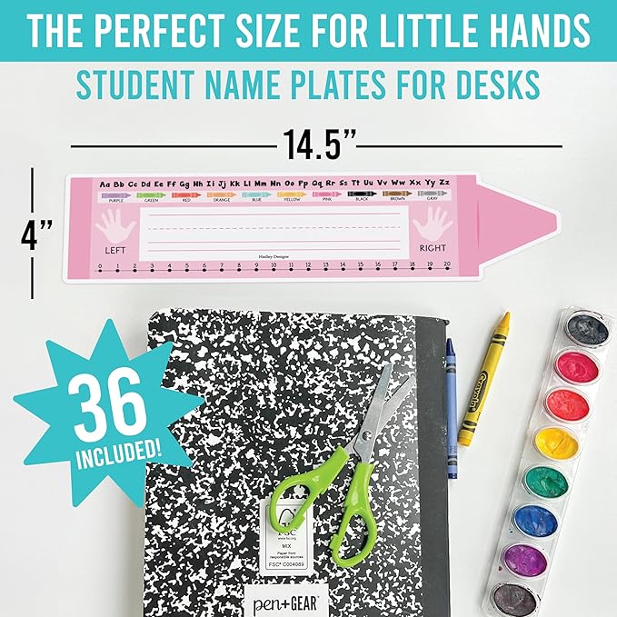 Desk Name Tags for Classroom – 36 Student Name Plates for Classroom Kindergarten, Preschool, 1st, 2nd & 3rd Grade, 14.5 x 4in Teacher Nameplates for Student Desks, Crayon Nametags