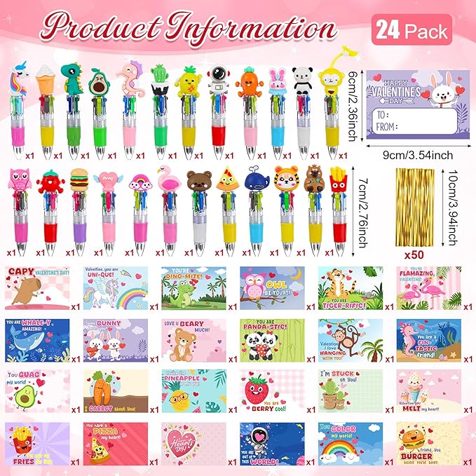 Pajean 24 Sets Valentine's Day Gifts for Classroom Exchange Cute 4-in-1 Multicolor Ballpoint Pens with Cards Valentines Party Favors School Students Prizes Bag Fillers Sweet Stationery Supplies