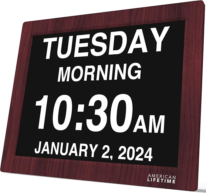 American Lifetime New 2026 Dementia Clock Large Digital Clock for Seniors, Alzeimer Clock Large Display with Custom Alarms, Clock with Day & Date for Elderly, Digital Calendar Mahogany, 15 Inch