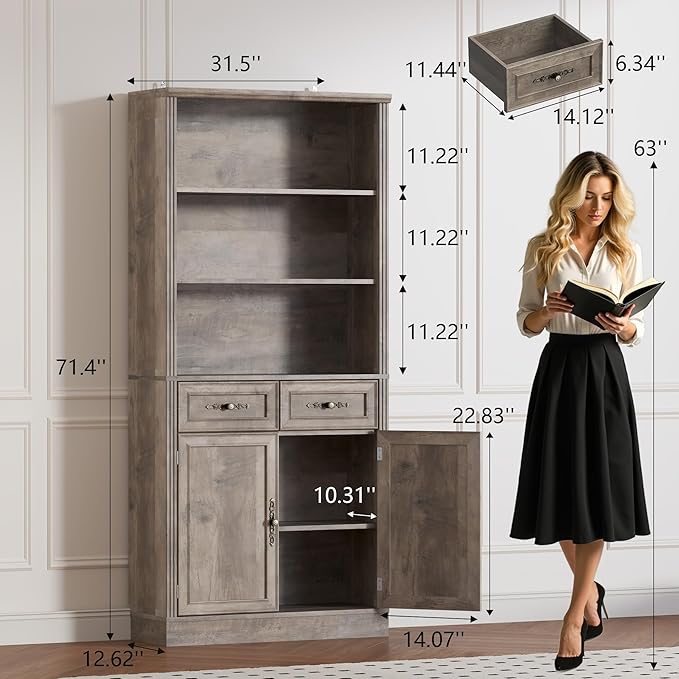 BORNOON 71.4" Tall Bookshelf with Drawers & Cabinet, 5-Tier Floor Standing Bookcase with Storage Doors, Adjustable Shelves & Metal Handles, 31.5" Wide Organizer for Home Office, Living Room