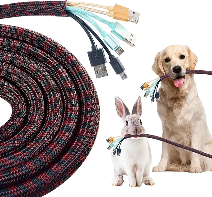 QCSIW Split Cable Sleeve, 1/4 inch 100ft Black Red Braided Wire Loom for Home Cable Management, Pet Chew Protection and DIY Cord Organizer for Desk and Home Theater