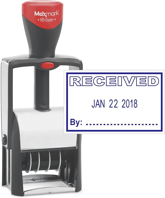 MaxMark Heavy Duty Self Inking Date Stamp with Phrase Received - Blue Ink