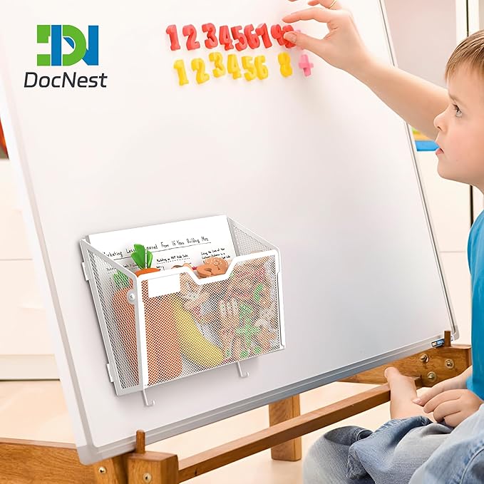 Docnest 3 Pack Magnetic Wall Mounted File Holders,Mesh Letter Organizer with Hooks, Magnetic Hanging Mail Paper Document Organizer for Office, Home, School, White