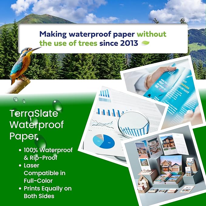 TerraSlate Printable Waterproof Paper for Laser Printer, 10 MIL 8.5" x 14", 100 Sheets, Matte White Printer Paper I Rip-Resistant, Weather/Rain Proof Copy Paper