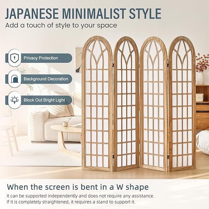 Aletheiawu Room Divider and Folding Privacy Screen, 4 Panel Japanese Shoji Style Room Divider, Partition Divider for Room Separation, Portable Shoji Screen for Home Office Restaurant - Natural