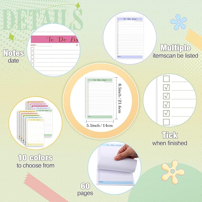 Censen 10 Packs To Do List Notepads, Simple Daily Reminder Checklist Planner Mix Color for Organizing, Planning, College Ruled, Office Gifts, 8.5 x 5.5 Inches, 60 Sheets Each