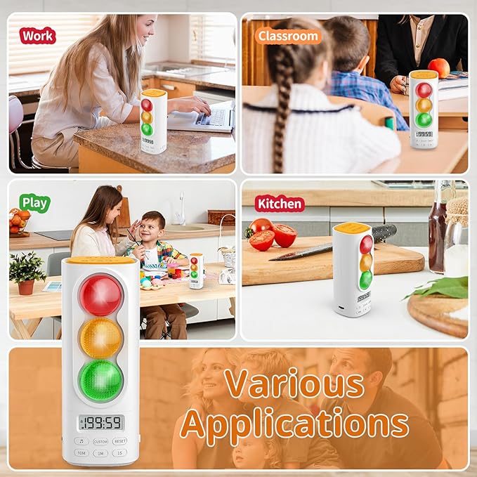 Traffic Light Visual Timer&ADHD Tool for Kids Adults Display Volume Adjustment, with 4 Ringtones for Classroom Desk Home Kitchen Game Countdown Pause Memory Function Charger Type C Included
